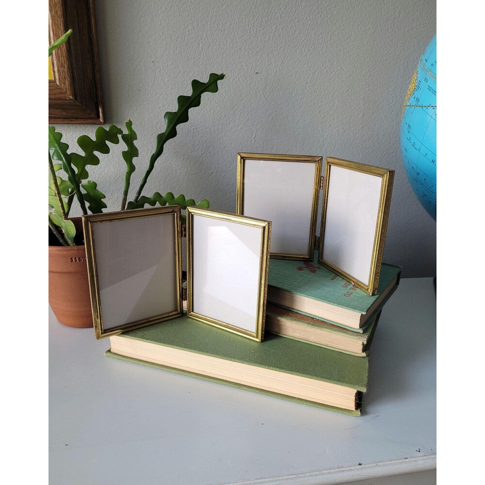 Vintage Brass Gold Tone Folding Photo Frame Tabletop Display Set of 2